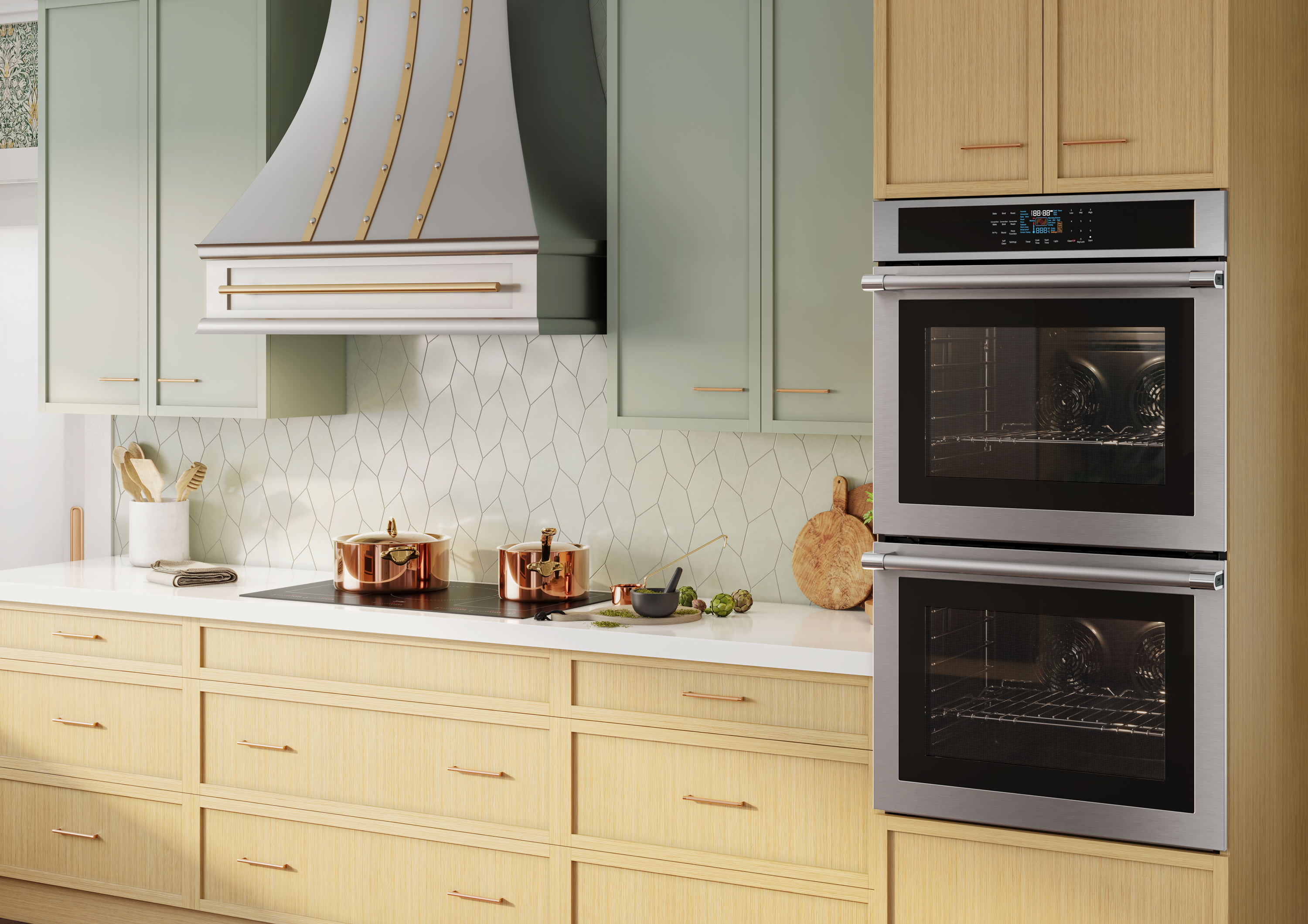 A high-end  kitchen featuring a Beko double wall oven 