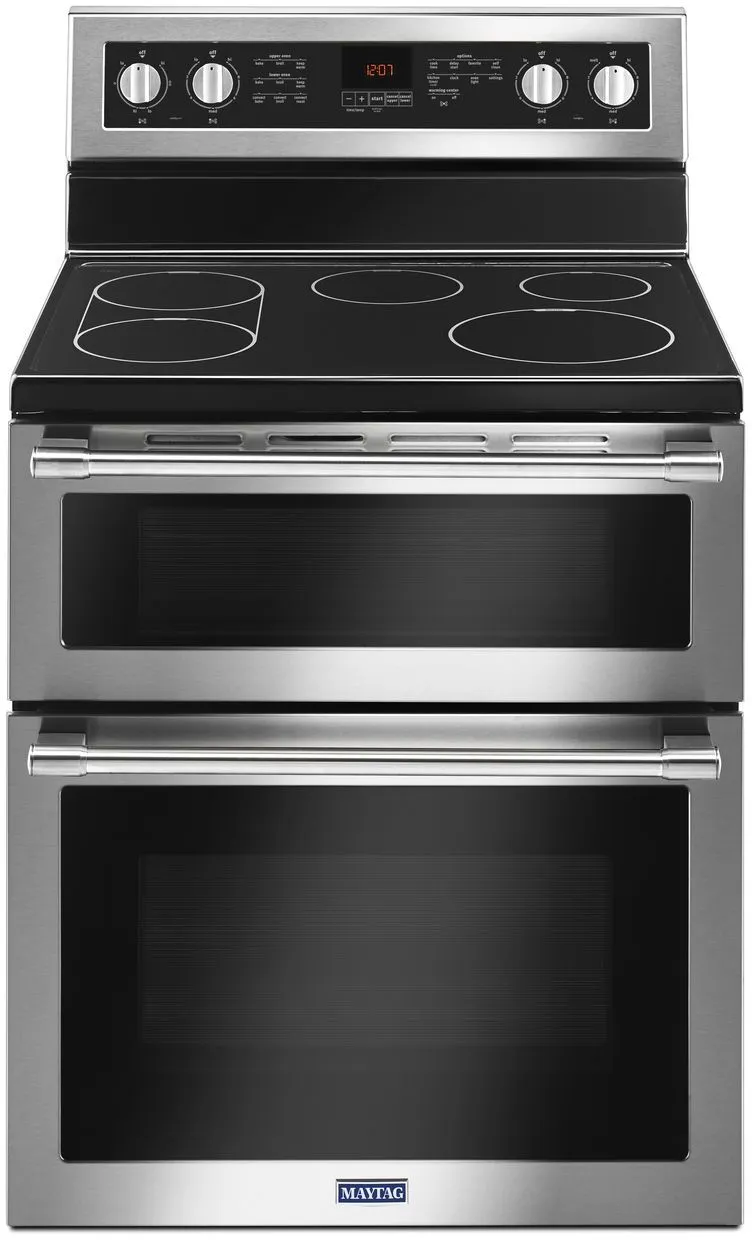 Front view of the Maytag MET8800FZ double oven electric range 