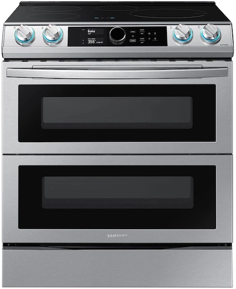 Front view of the Samsung NE63T8951SS double oven electric range 