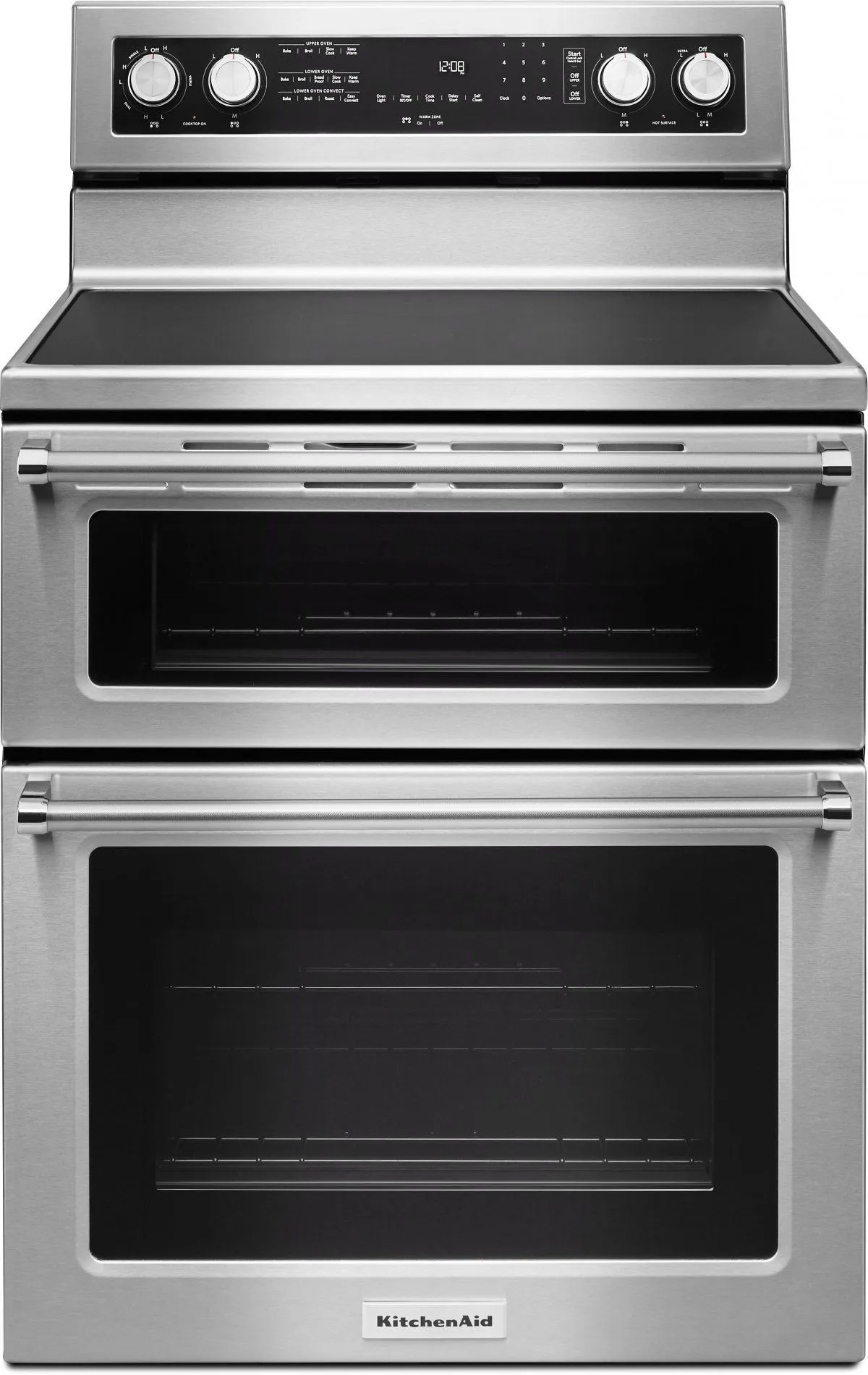 Front view of the KitchenAid KFED500ESS double oven electric range 