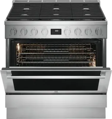 Front view of Electrolux 36” gas range 
