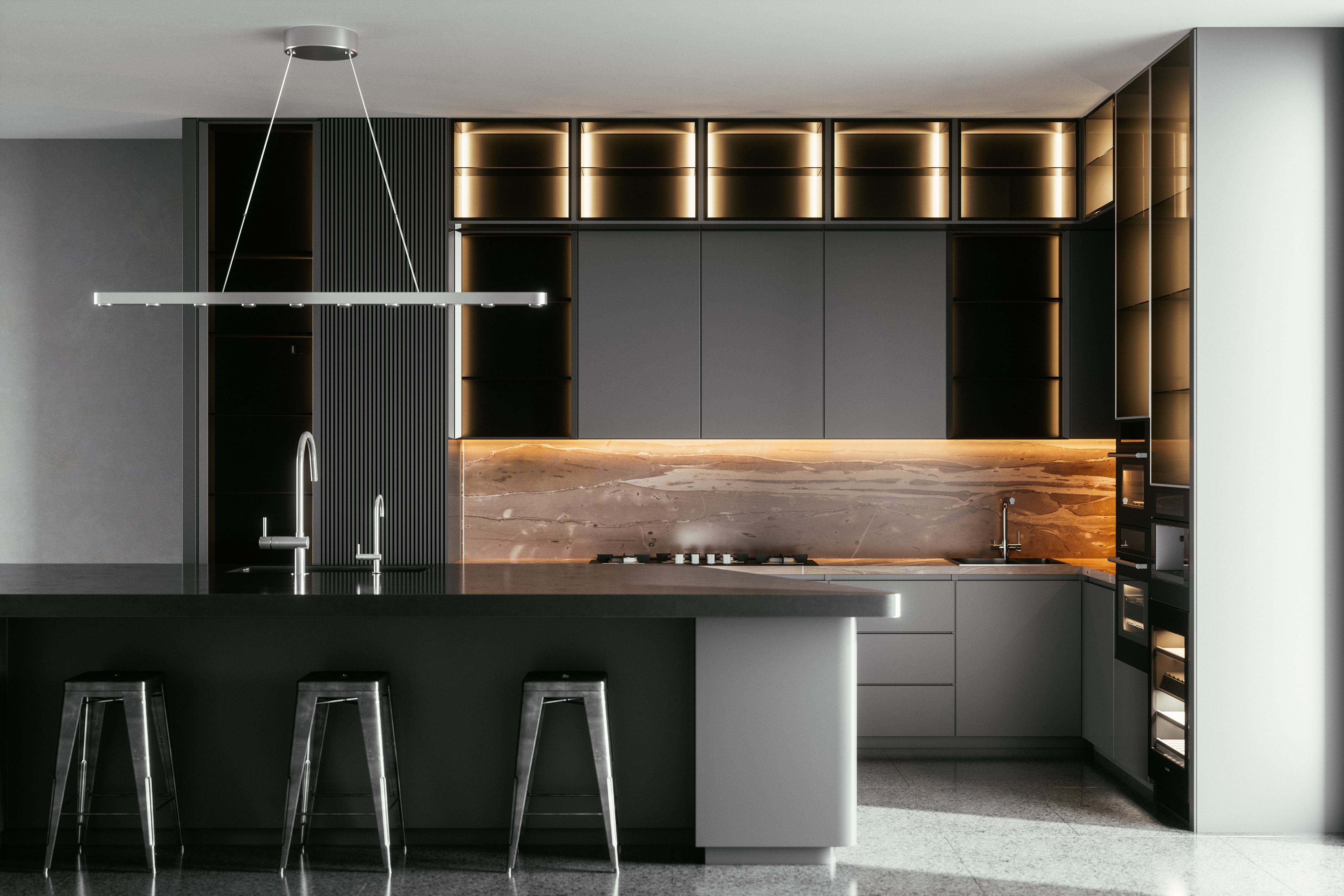 black modern luxury kitchen with wood accents 