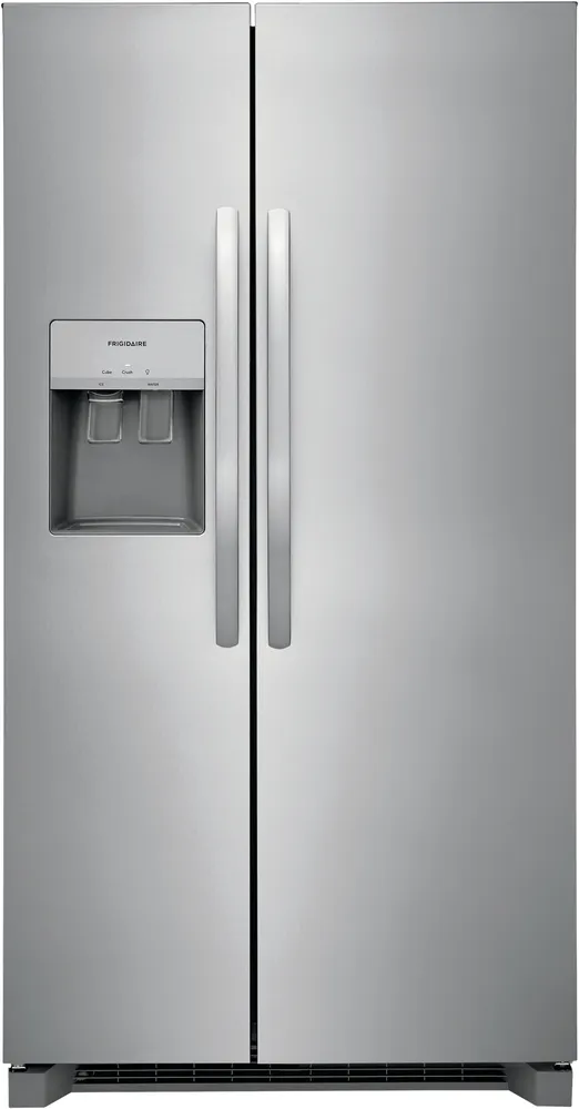 Front view of Frigidaire FRSS2623AS side by side refrigerator 