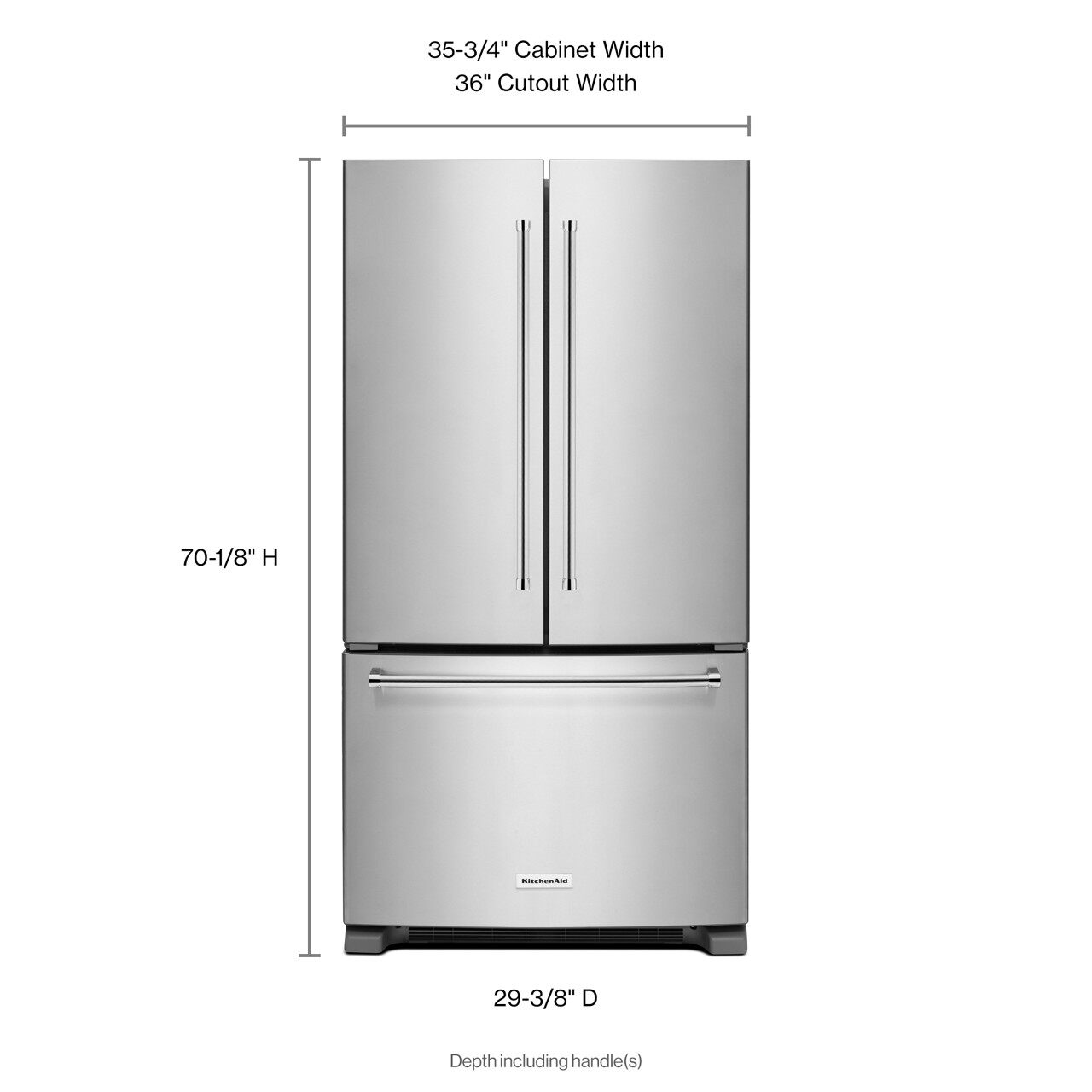 A graphic showing the height, width, and depth of the KitchenAid KRFC300ESS French door refrigerator 