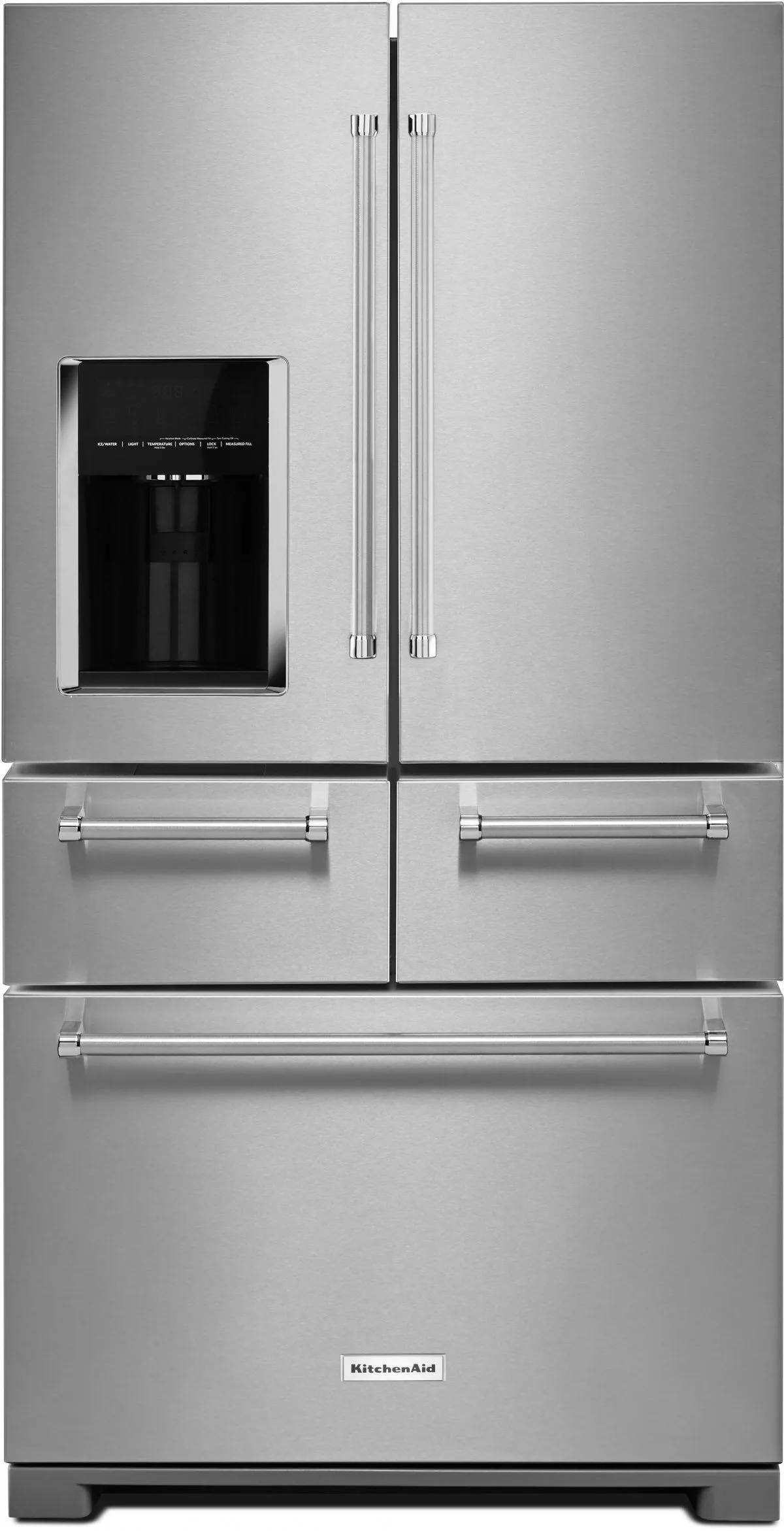 Front view of the KitchenAid KRMF706ESS French door refrigerator 