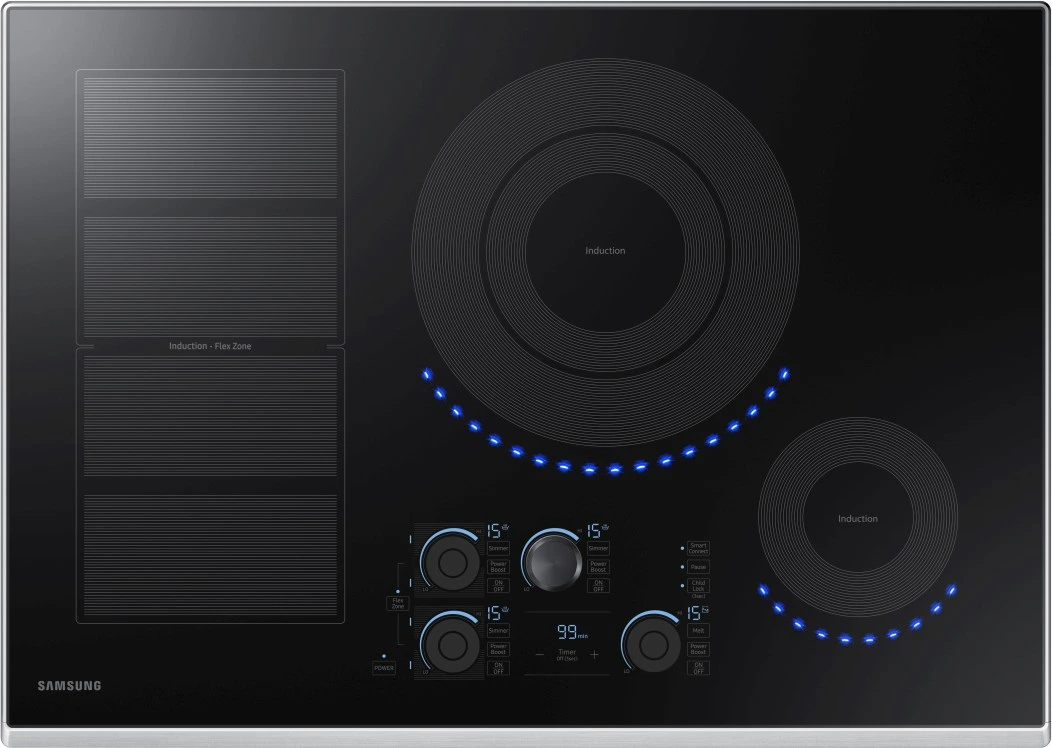 Overhead view of the Samsung NZ30K7880US 30” induction cooktop 