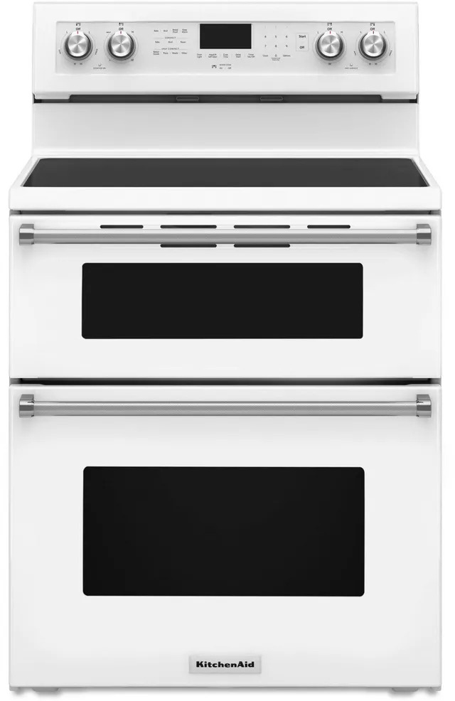 Front view of a KitchenAid double oven white induction range 