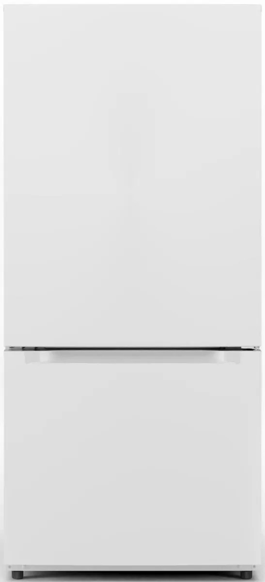 Front view of a Midea white bottom freezer refrigerator 