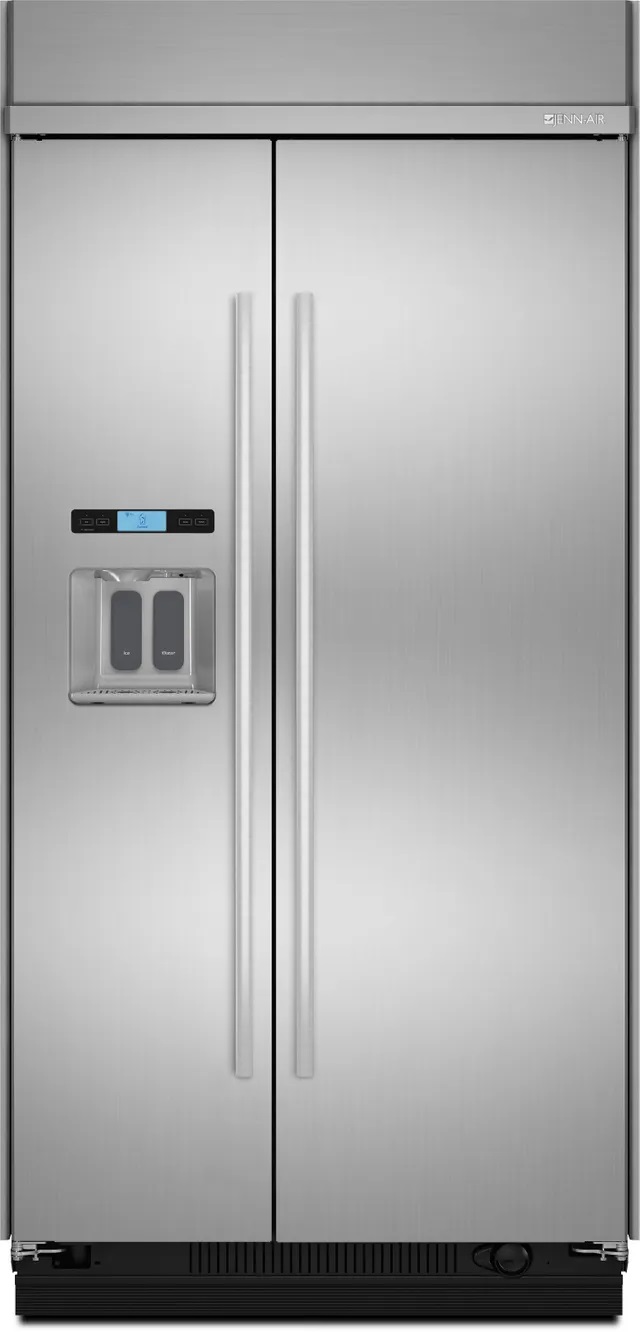 Front view of JennAir JS42SSDUDE side by side refrigerator 