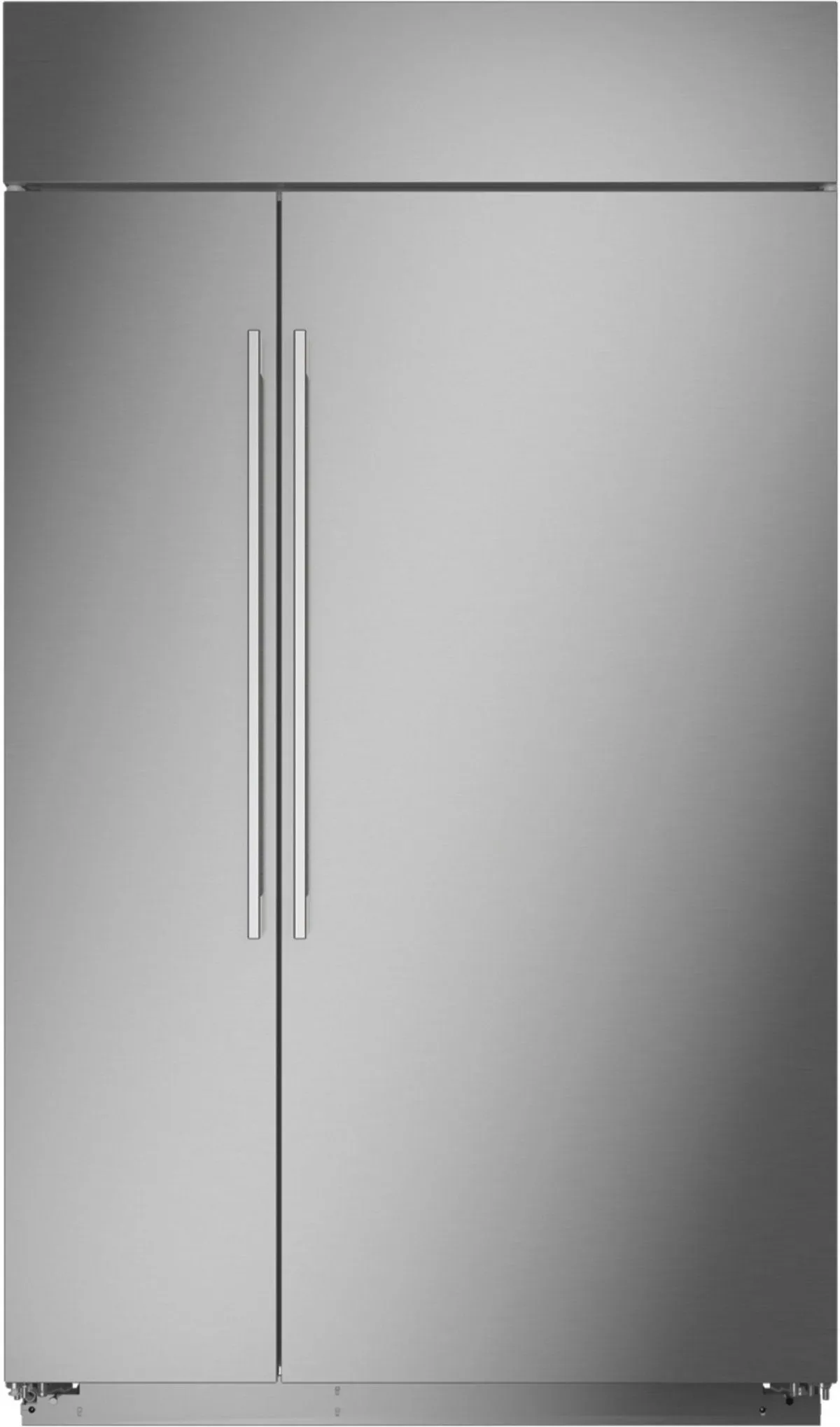 Front view of Monogram ZISS480NNSS 48” built in side by side refrigerator 