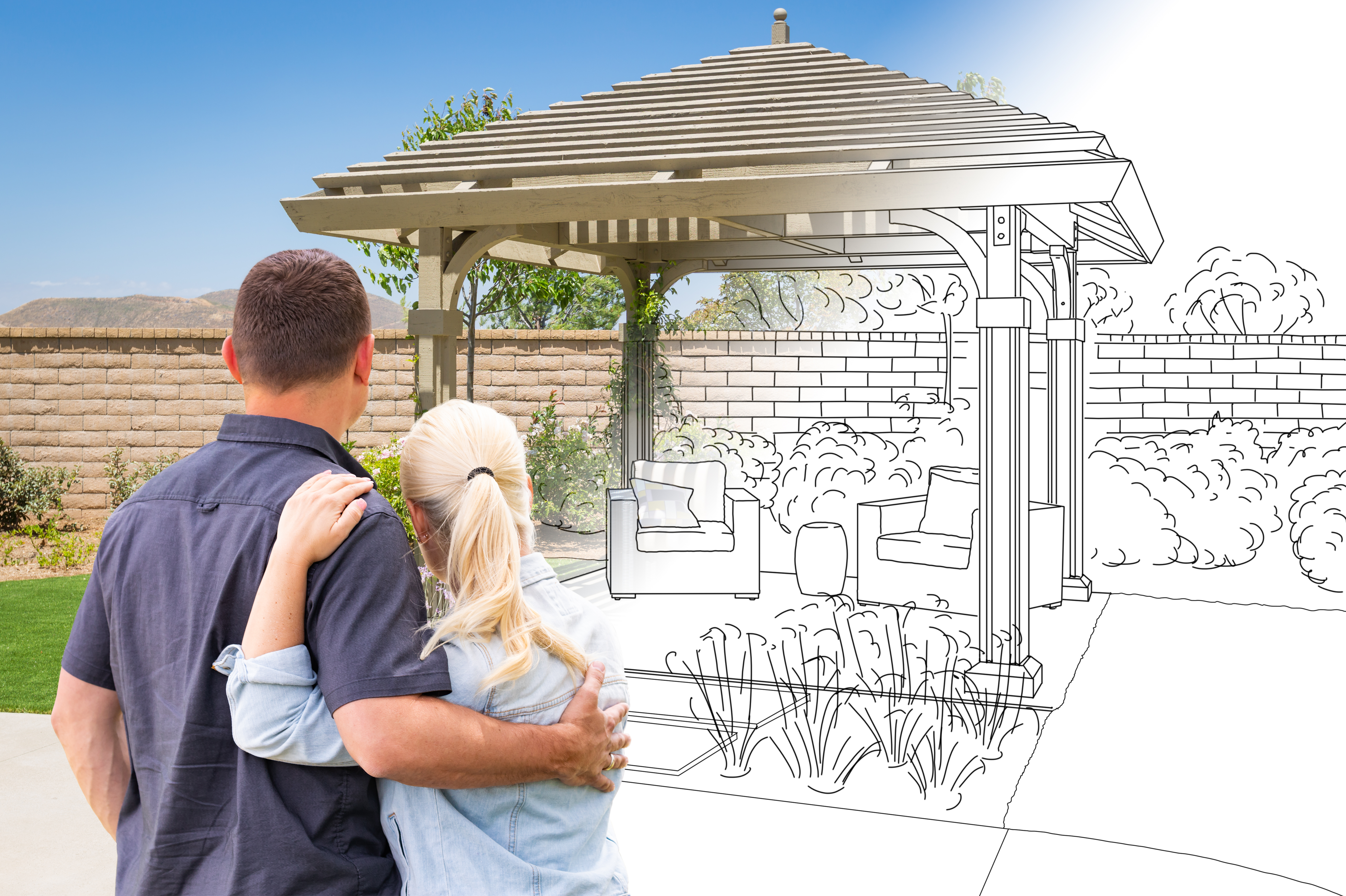 Man and woman hugging while looking at a pergola with an illustrated overlay 