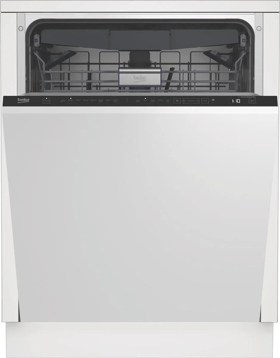 Front view of Beko DIT38530 panel ready dishwasher with the door ajar 