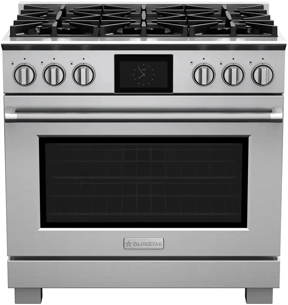 Front view of the BlueStar BSDF366B 36” pro-style dual fuel range 