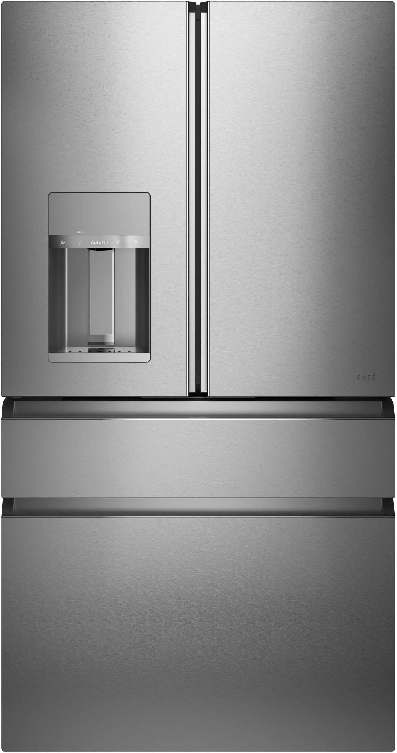 Front view of the Café CVE28DM5NS5 French door refrigerator 
