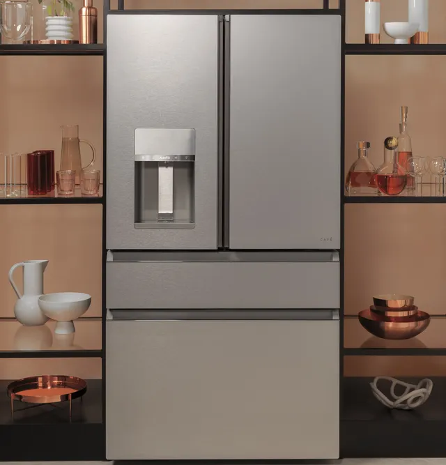 The Café CVE28DM5NS5 French door refrigerator featured in a modern kitchen 