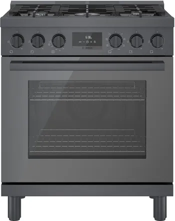 Front view of the Bosch 800 Series HDS8045U dual fuel range 