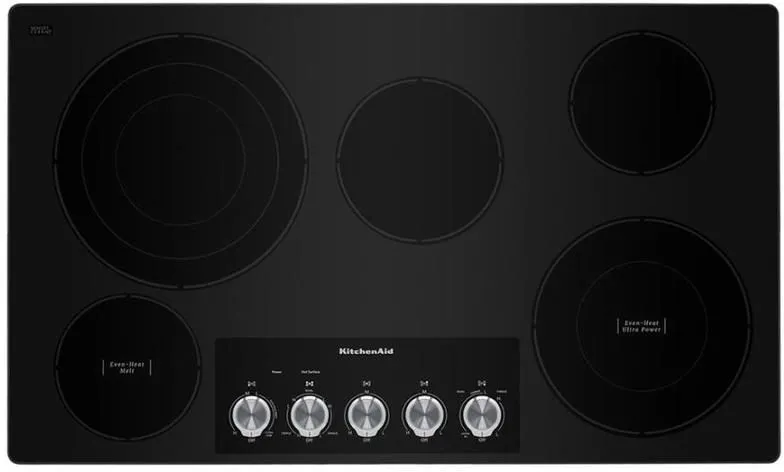 Overhead look at the KitchenAid KCES556HSS 36” electric cooktop 