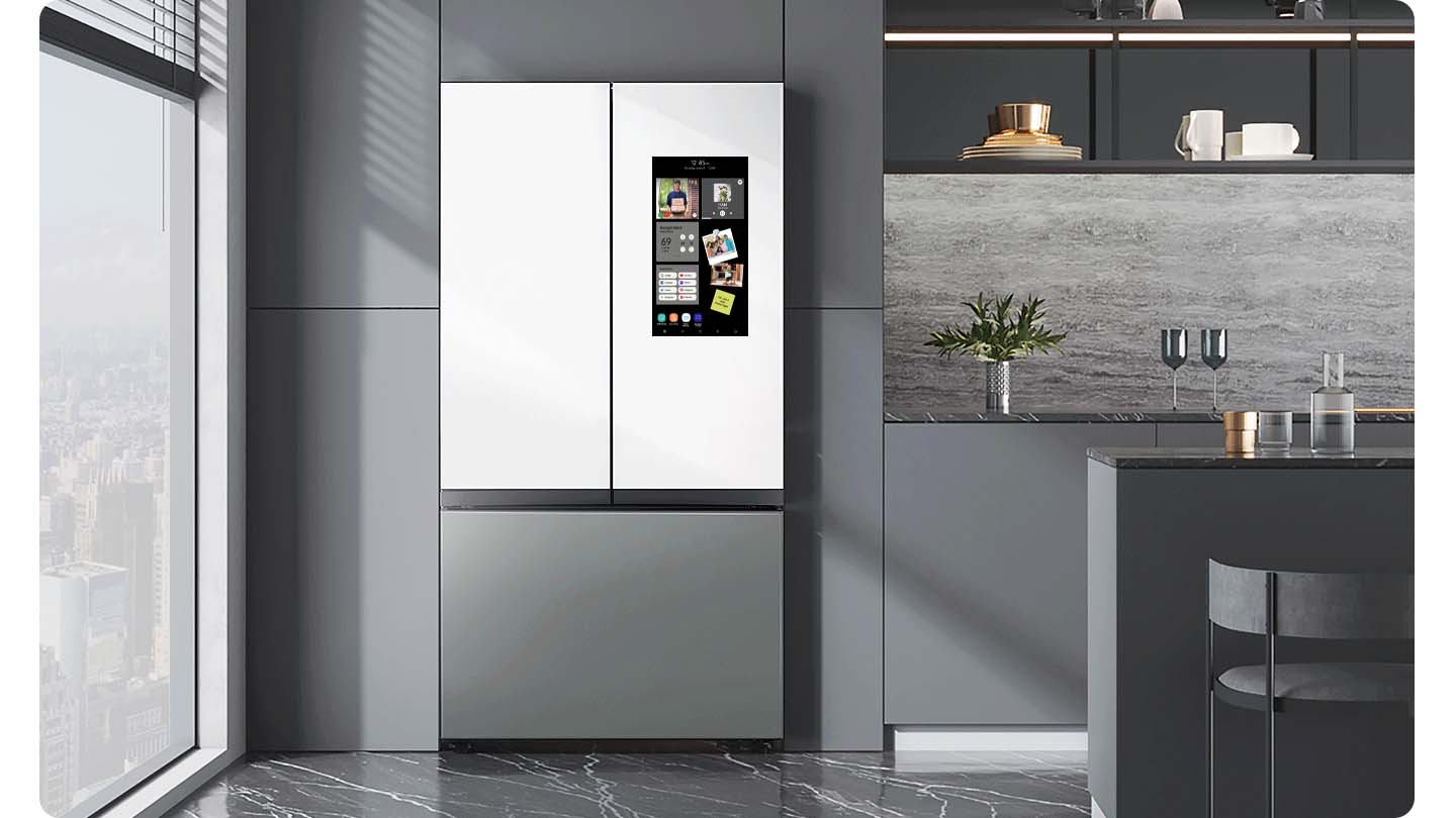 Front view of a Samsung Bespoke refrigerator in a grey-and-white kitchen 