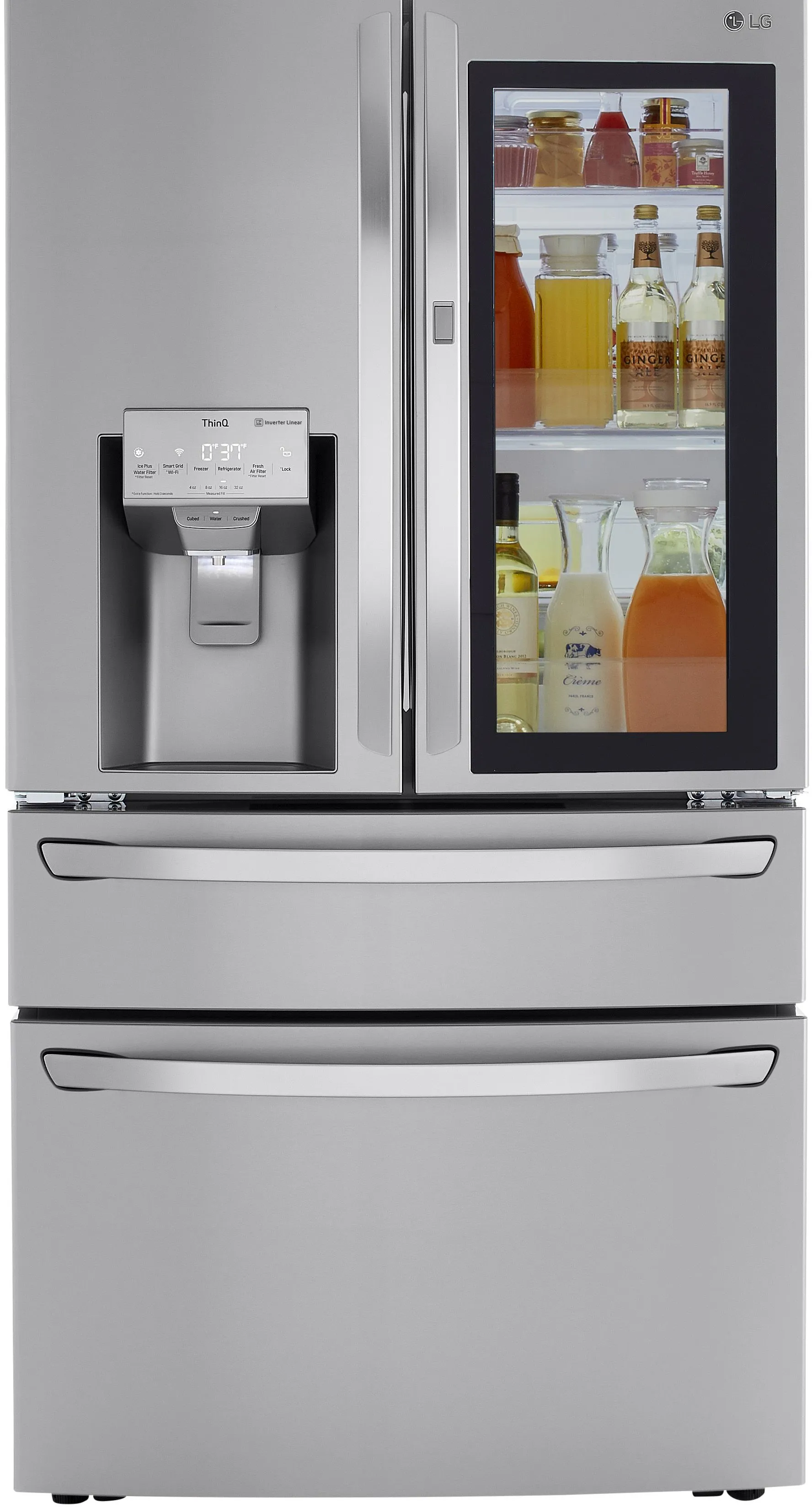 Front view of the LG LRMVC2306S 36” InstaView French door refrigerator 