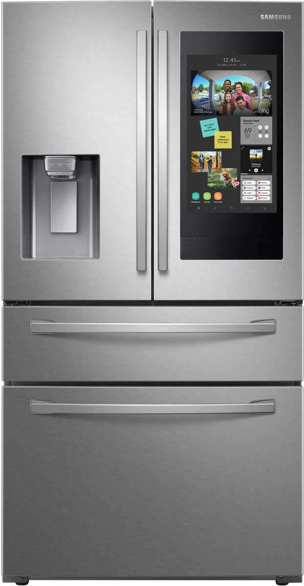 Front view of Samsung RF22R7551SR 36” French door refrigerator 