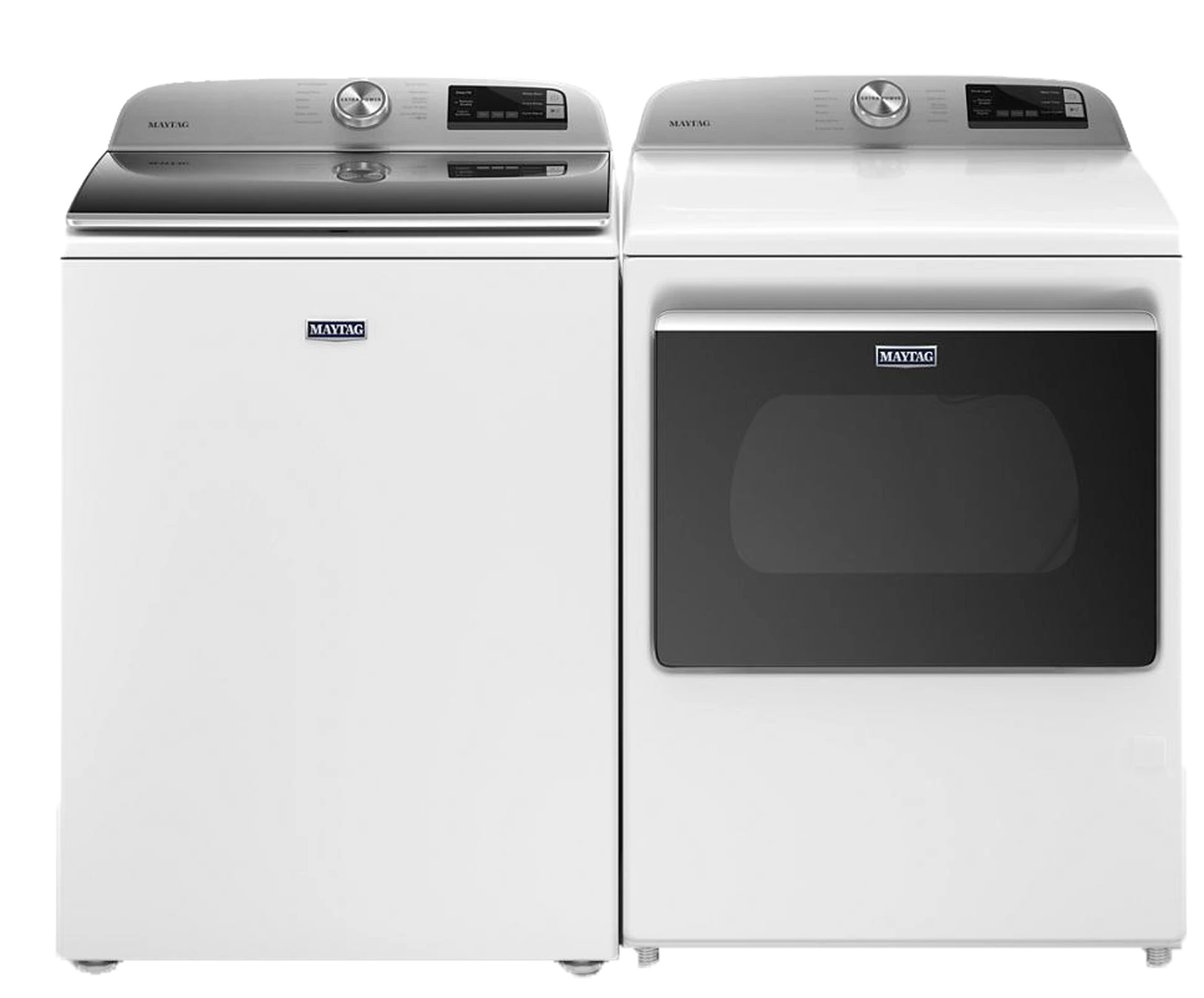 Front view of Maytag MALAUMED6230RHW top load washer and dryer pair 