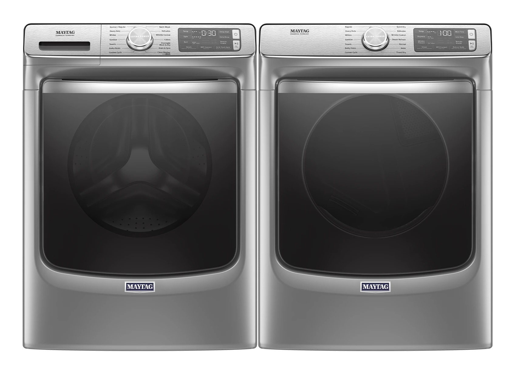 Front view of Maytag MALAUMED8630HC front load washer and dryer pair 