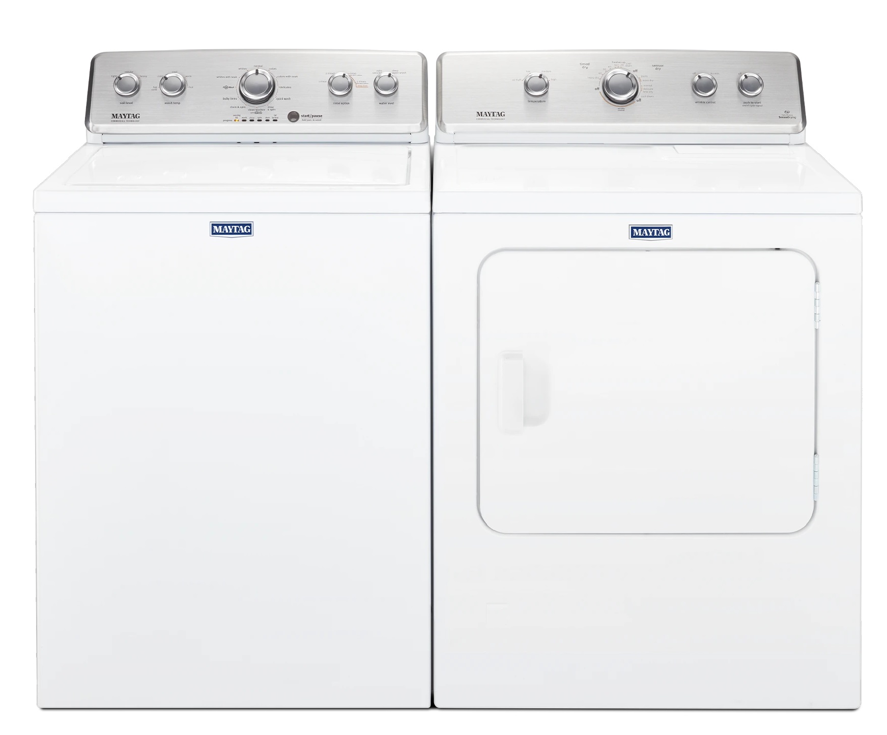 Front view of Maytag MALAUMEDC465HW top load washer and dryer pair 