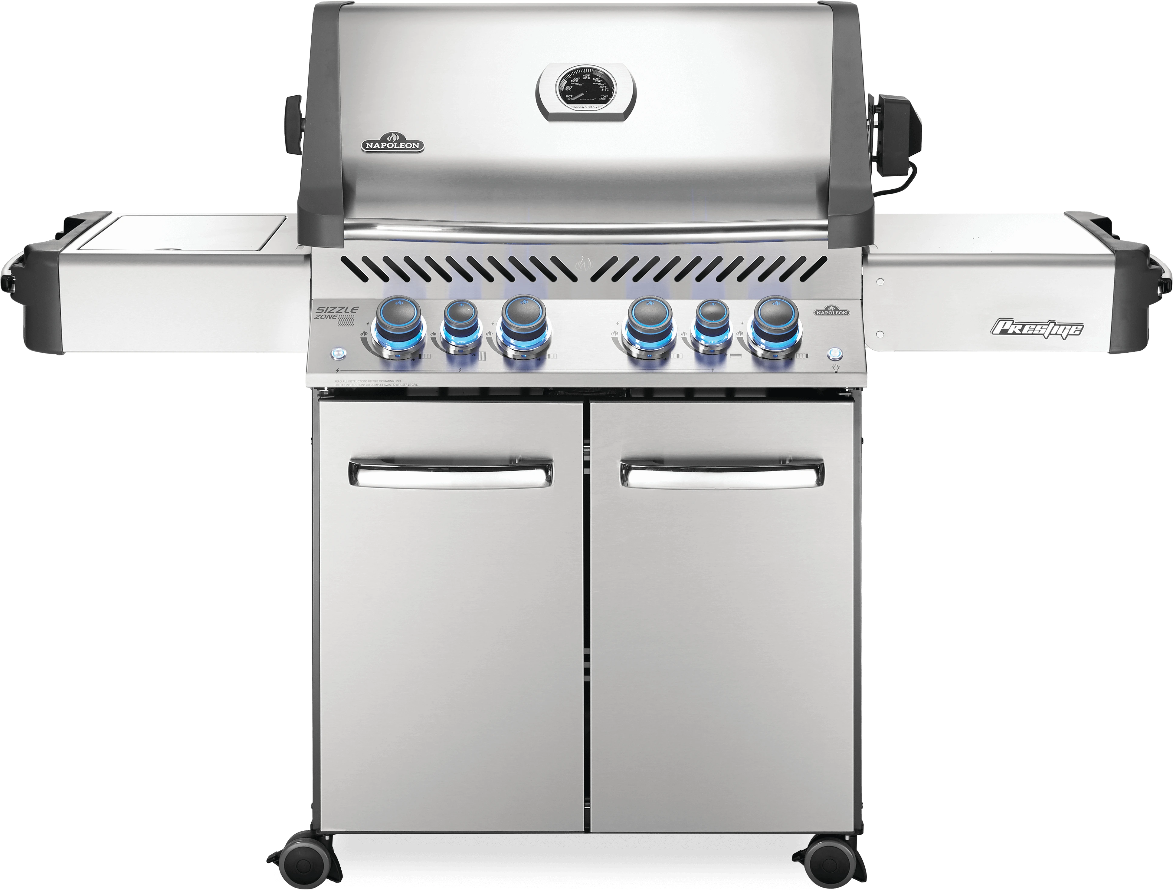 Front view of the Napoleon Prestige series P500RSIBPSS-3 freestanding gas grill 