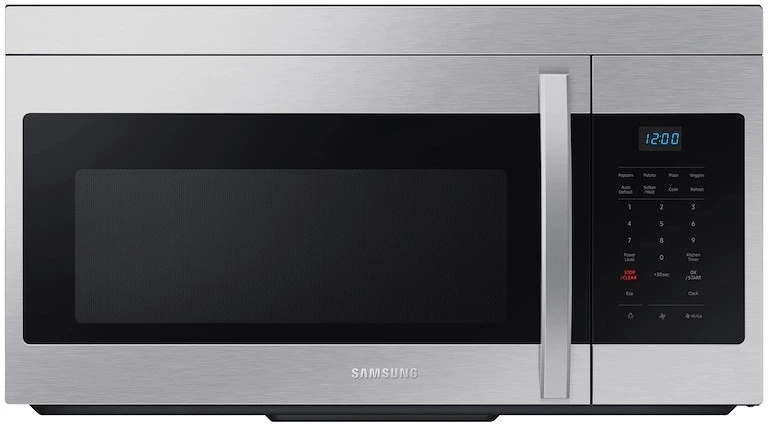 Front view of the Samsung ME16A4021AS over the range microwave 