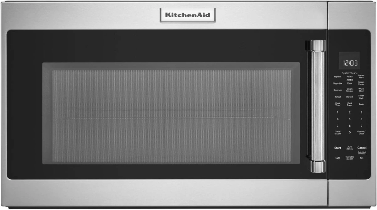 Front view of the KitchenAid KMHS120ESS over the range microwave 