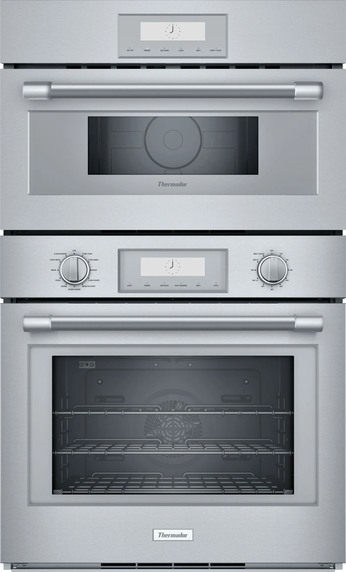 Front view of a Thermador 30” combo wall oven 