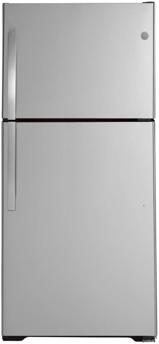 Front view of the GE GTS19KYNRFS top freezer refrigerator 