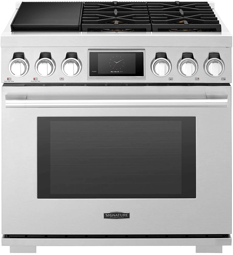 Front view of the Signature Kitchen Suite SKSDR360SS 36” dual fuel range 