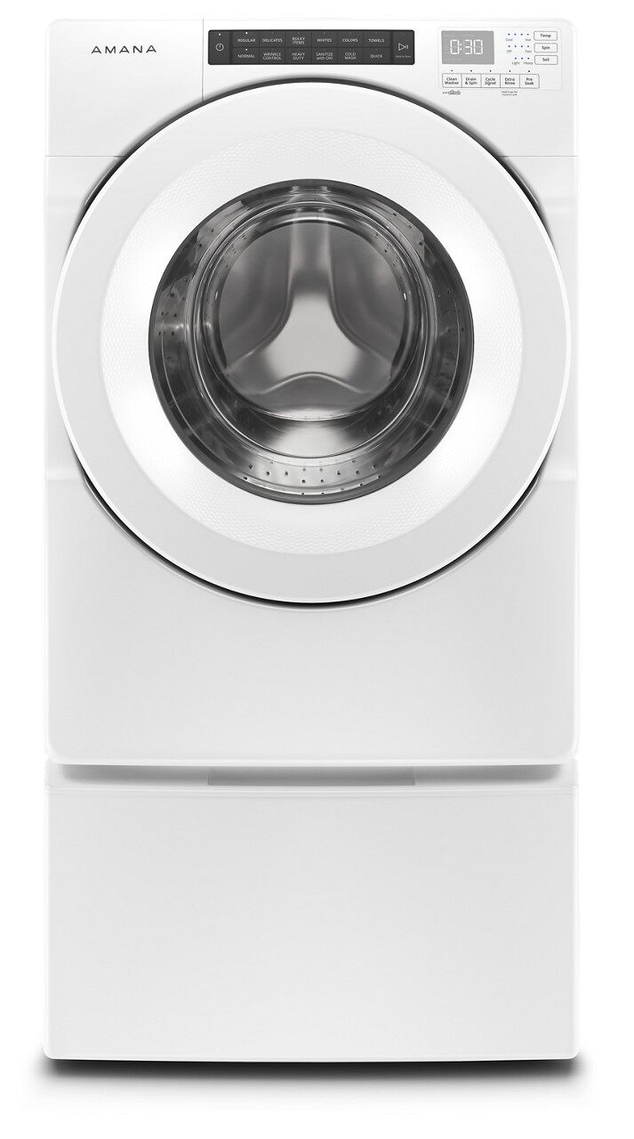 Front view of Amana NFW5800HW front load washer and pedestal 