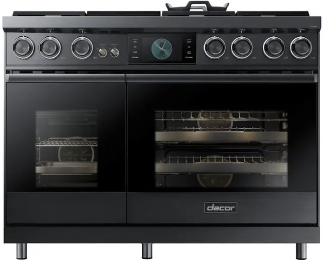 Front view of the Dacor DOP48M96DPM Contemporary series 48” dual-fuel range 