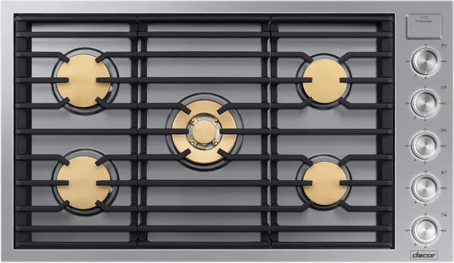Overhead view of the Dacor DTG36M955FS 36” gas cooktop 
