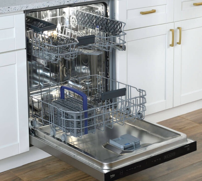 Beko dishwasher fully opened with extended racks 