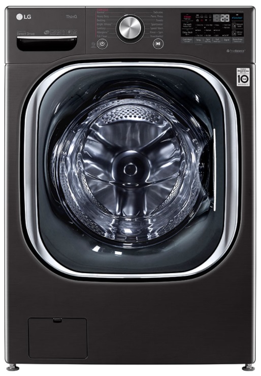 Stock photo of a dark metal LG brand front load washer.