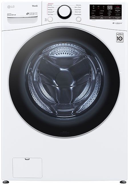 Stock photo of a white LG brand front load washer.