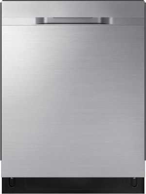 Stock photo of a stainless steel Samsung brand dishwasher. 