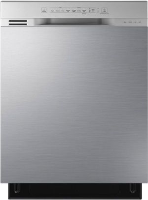 Stock photo of a stainless steel Samsung brand dishwasher with exterior controls.