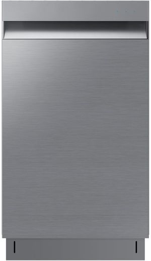 Stock photo of a slim stainless steel Samsung brand dishwasher.