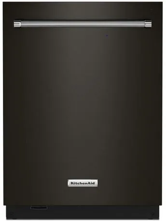 Front view of the KitchenAid KDTM604KBS black stainless steel dishwasher 