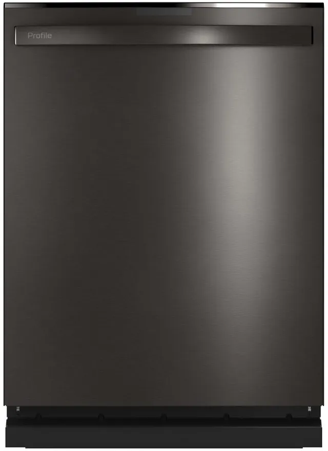 Front view of the GE Profile PDT715SBNTS black stainless steel dishwasher 
