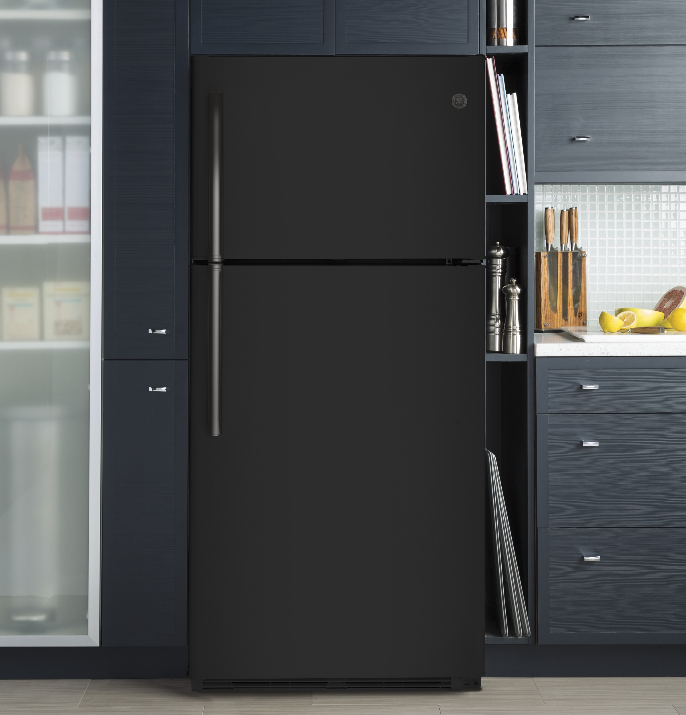 GE black top freezer refrigerator in kitchen