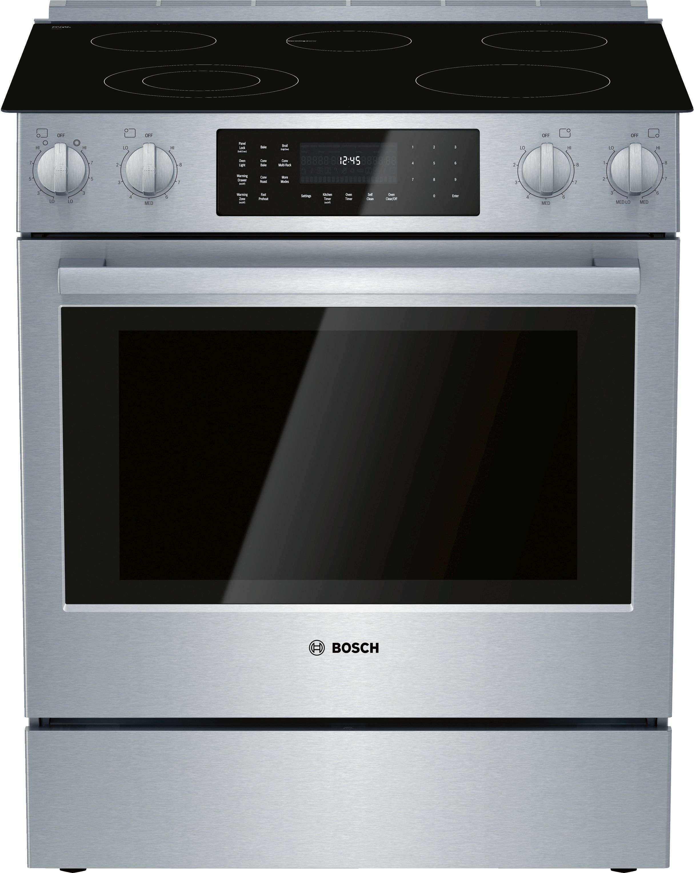 Front view of Bosch HEI8056U stainless steel electric range