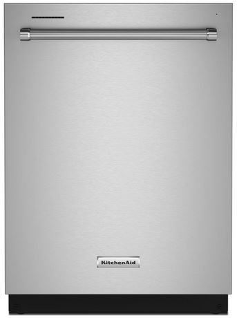 Stock photo of a stainless steel KithenAid brand dishwasher with pocket handle.