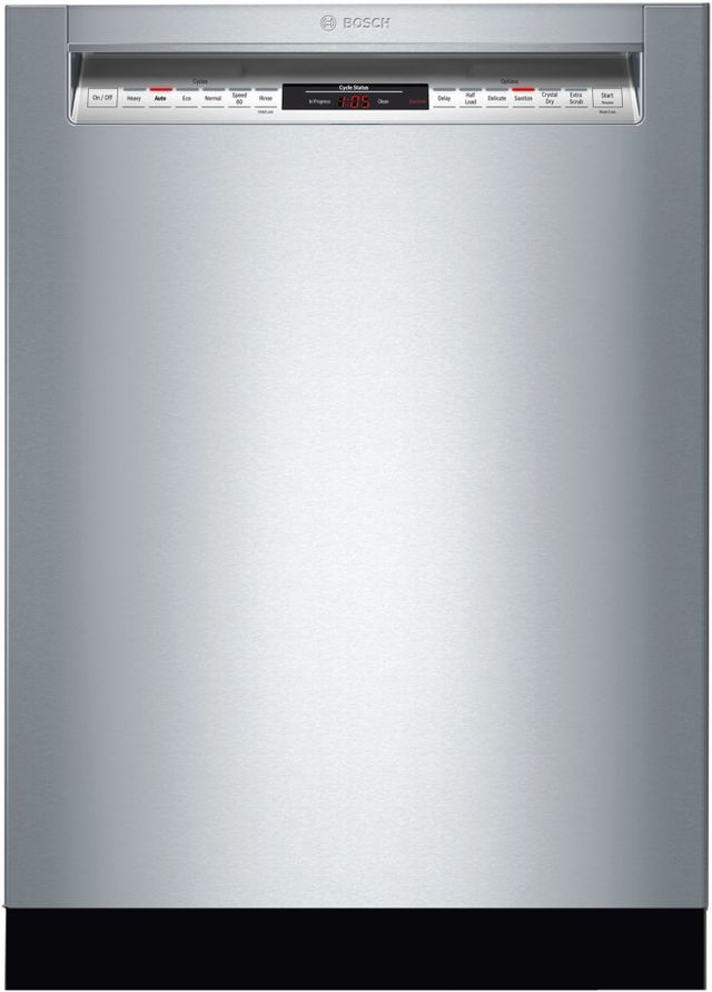 Stock photo of a stainless steel Bosch brand dishwasher with recessed handle and digital display. 