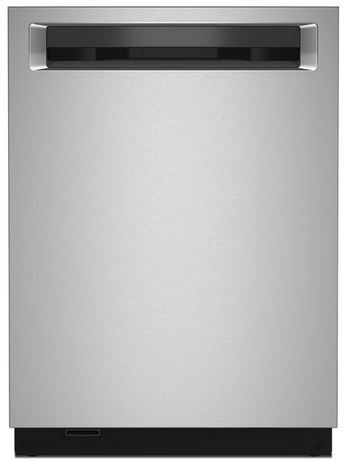 Stock photo of a stainless steel KitchenAid brand dishwasher with recessed handle.