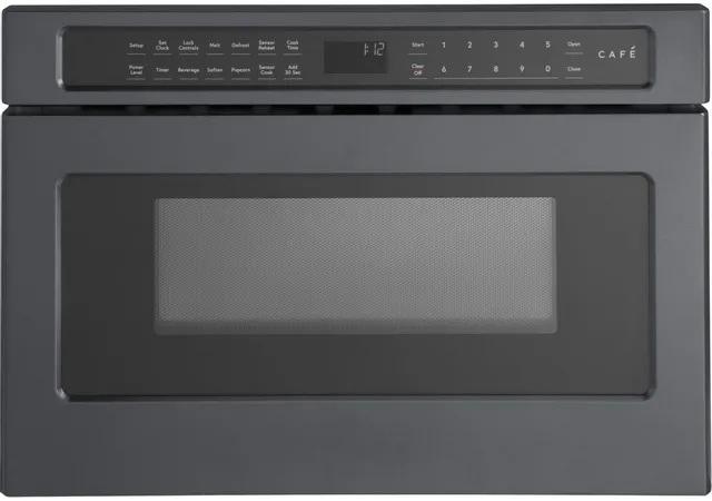 Front view of the Café CWL112P3RD5 matte-black built-in microwave 